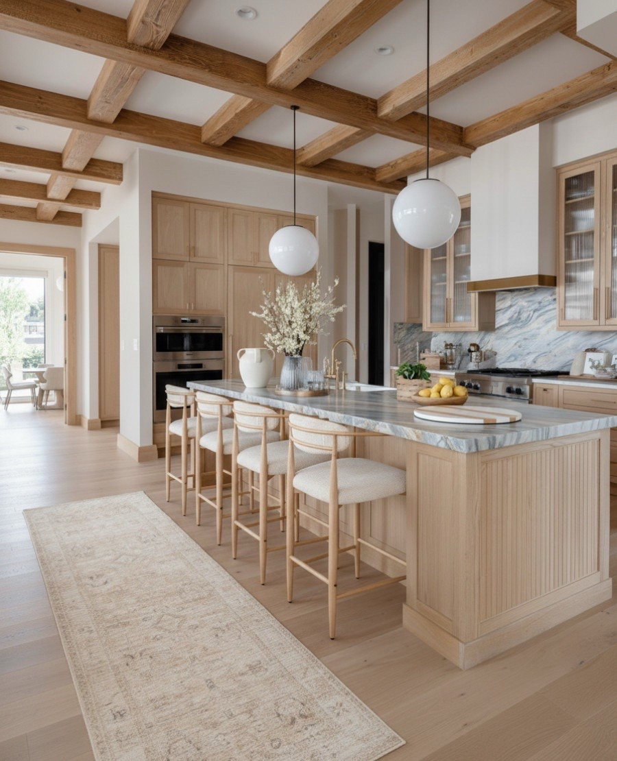 This warm and inviting kitchen blends natural textures and timeless materials for a look that’s both elevated and livable. The light oak cabinetry and fluted kitchen island add organic warmth, while the marble waterfall countertop brings a touch of luxury. Overhead, modern globe pendant lights create soft contrast against the exposed wood ceiling beams, highlighting the layered textures in the space. Finished with neutral upholstered counter stools, a vintage-style runner rug, and ceramic vases with stems, this kitchen feels bright, airy, and beautifully balanced. 



#LTKSaleAlert #LTKFindsUnder100 #LTKHome
