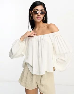 ASOS DESIGN linen off shoulder top in ivory | ASOS (Global)