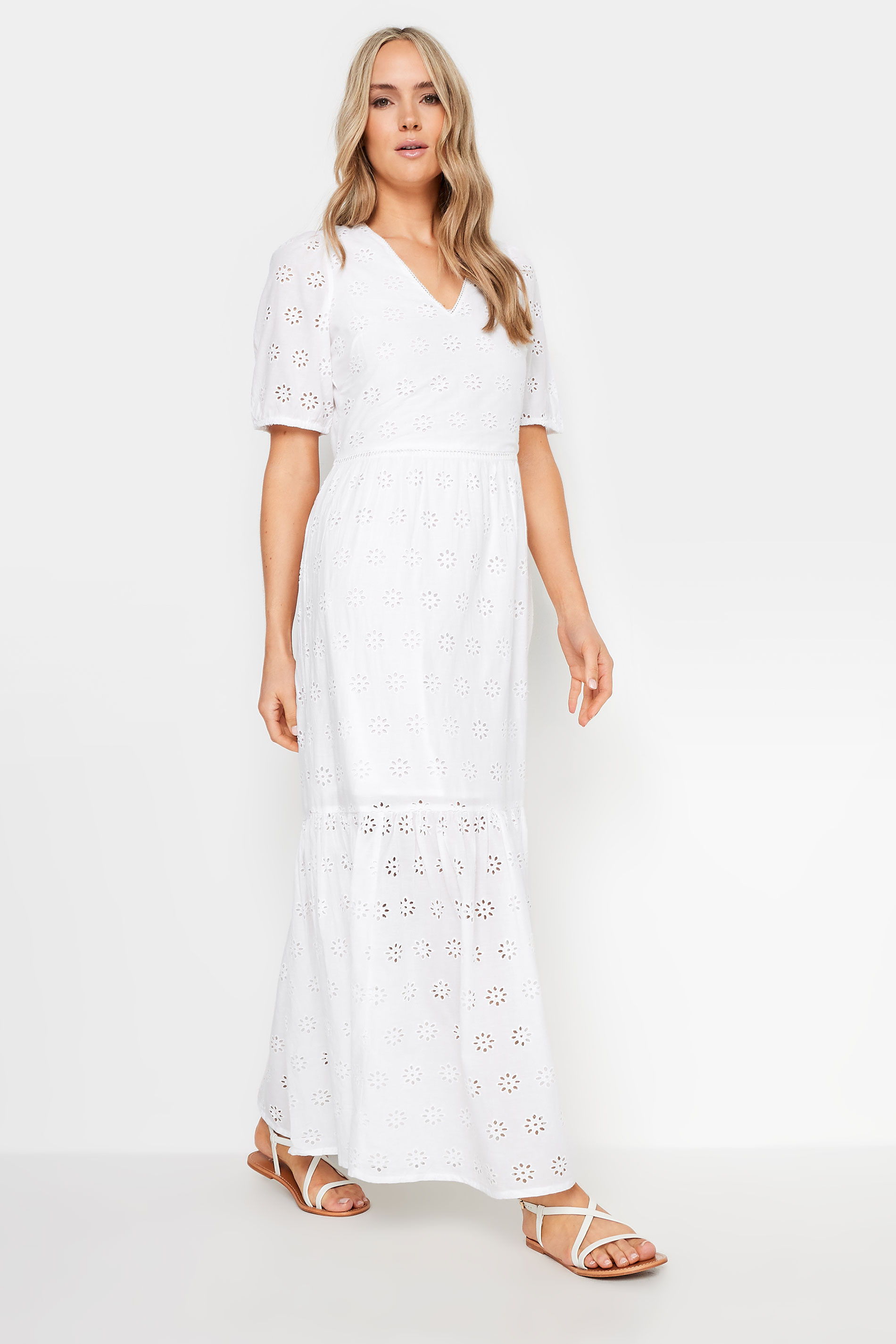 LTS Tall White Broderie Anglaise Maxi Tiered Dress | Long Tall Sally