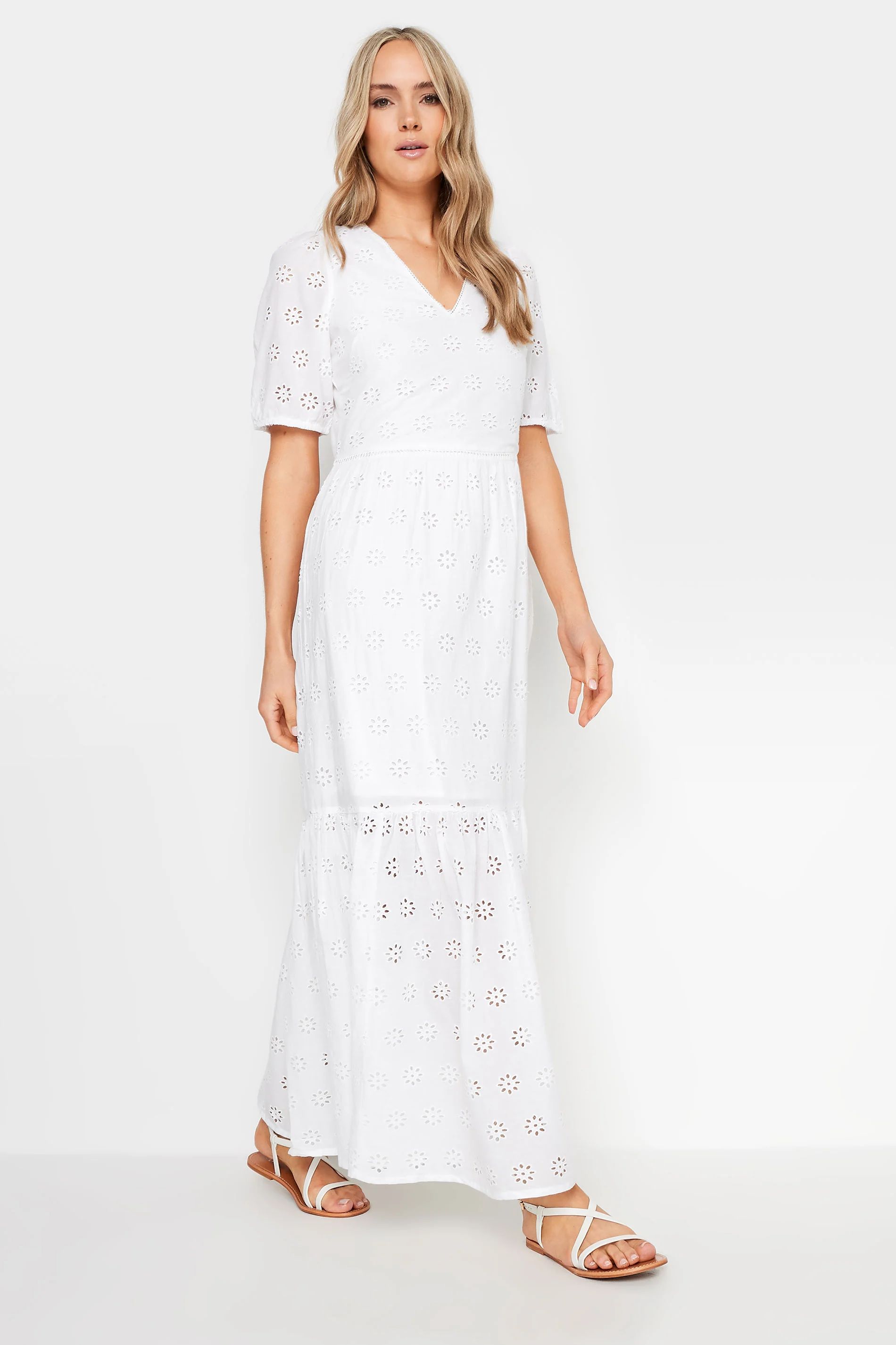 LTS Tall White Broderie Anglaise Maxi Tiered Dress | Long Tall Sally