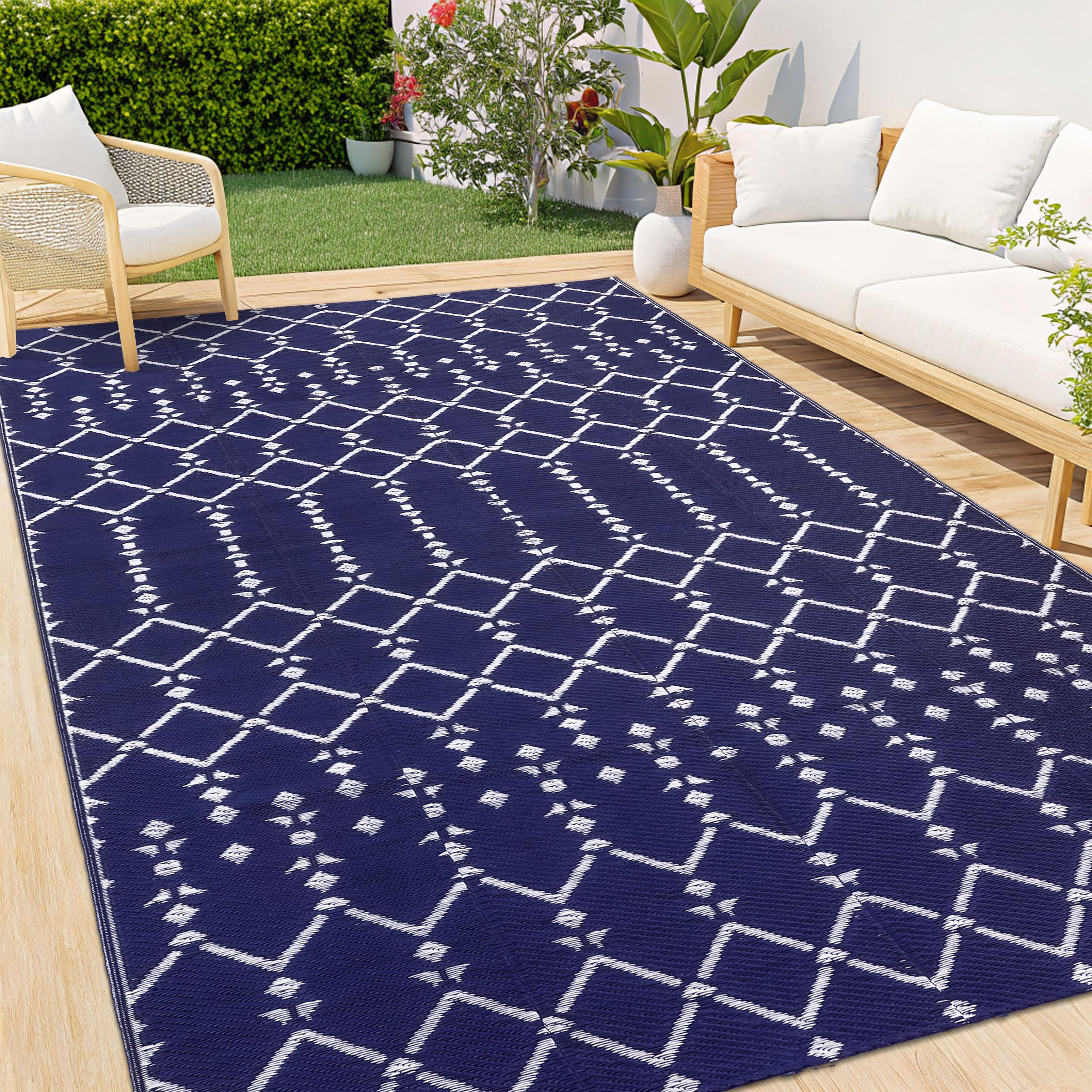 Smiry Outdoor Rug 8x10 ft, Waterproof Reversible Plastic Straw Rugs, Boho Outdoor Area Rug, Outside Floor Mat for Patio, Backyard, Deck, Picnic, Beach, Camping, Navy | Amazon (US)