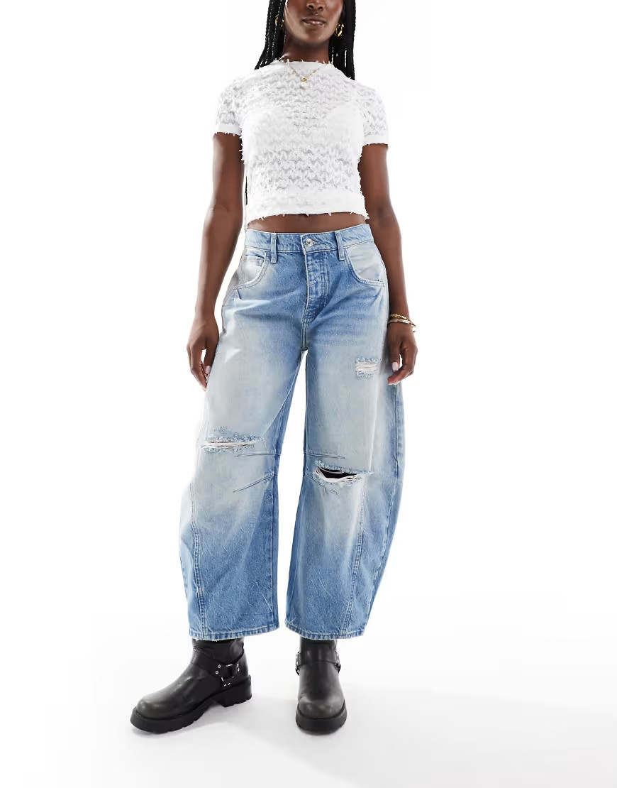 Free People rip detail barrel leg jeans in washed blue | ASOS (Global)