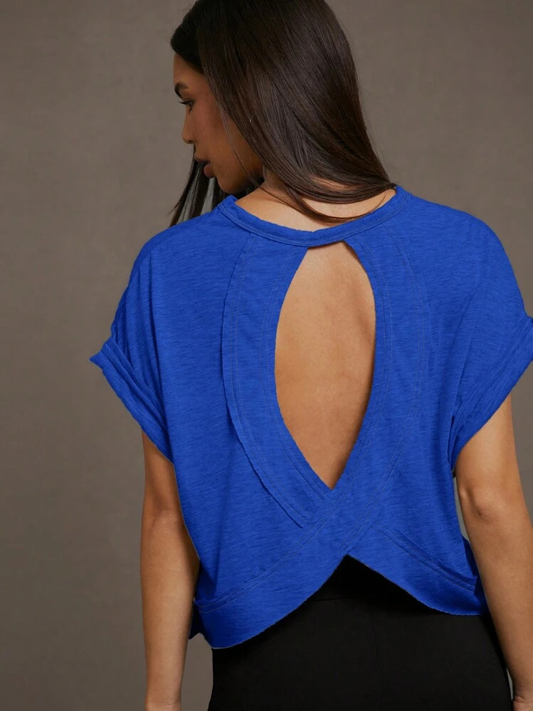 SHEIN Essnce Women Solid Color Round Neck Backless Batwing Sleeve Casual Daily Short Sleeve T-Shirt | SHEIN
