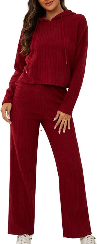 Women Long Sleeve Ribbed Hoodies Lounge Set Cozy Cute 2 Piece Holiday Loungewear | Amazon (US)