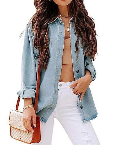 Women's Oversize Denim Jean Jacket Shacket Long Sleeve Boyfriend Blue Jean Shirts Women | Amazon (US)
