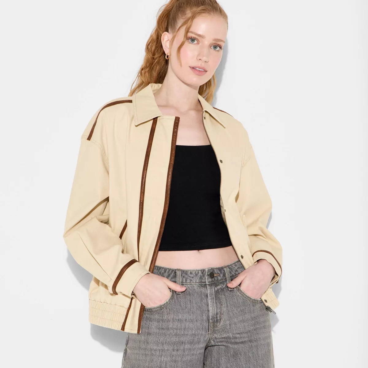 Women's Canvas Faux Leather Trim Bomber Jacket - Wild Fable™ Beige | Target