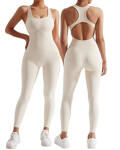 MOSHENGQI Women Racerback One Piece Jumpsuits Sleeveless Backless Bodycon Tummy Control Workout Romper(XL,05-Beige) | Amazon (US)