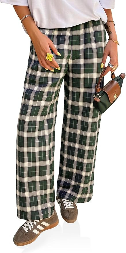 Cicy Bell Womens Wide Leg Pants High Wiasted Casual Baggy Palazzo Elastic Plaid Pants Trousers | Amazon (US)