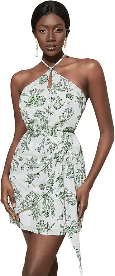 SweatyRocksWomen's Casual Sleeveless Printed Summer Dress High Waist Backless Halter Mini Dress | Amazon (US)
