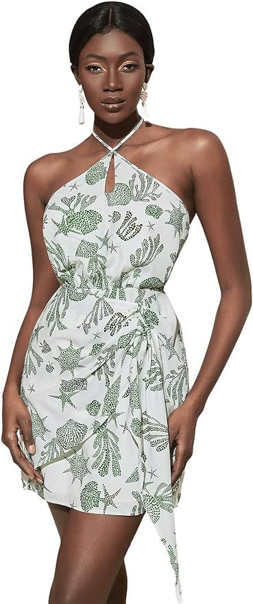 SweatyRocksWomen's Casual Sleeveless Printed Summer Dress High Waist Backless Halter Mini Dress | Amazon (US)