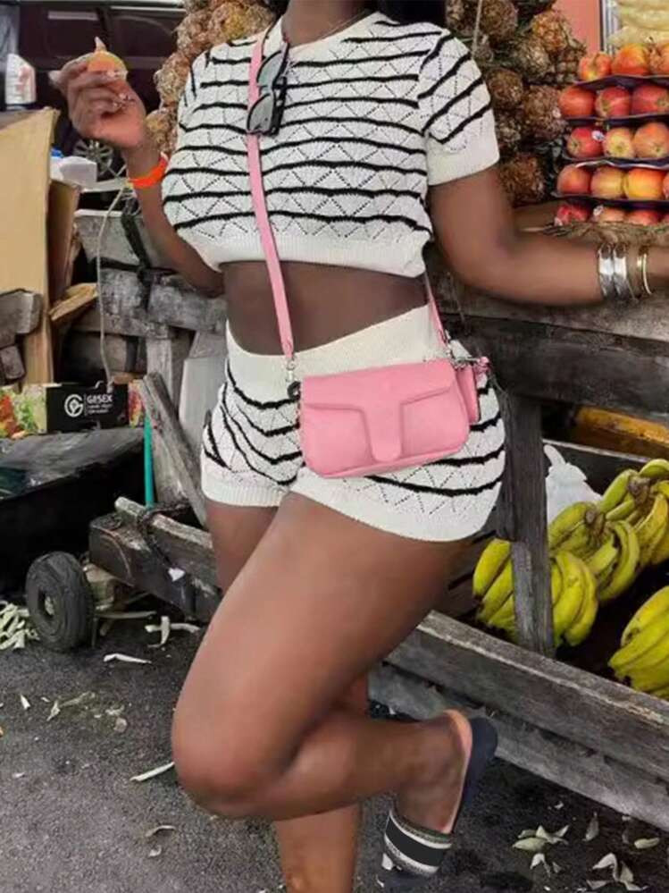 2pcs/Set Women's Summer Casual Contrast Striped Knit Short Sleeve Top And Shorts Set | SHEIN