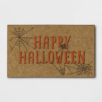1'6"x2'6" 'Happy Halloween' Faux Coir Doormat with Spiderwebs Orange/Black - Hyde and EEK! Boutique™: Outdoor | Target