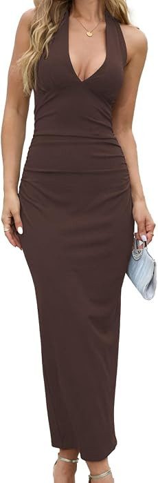 Halter Deep V Neck Bodycon Maxi Dresses for Women Summer 2026 Tie Backless Ruched Sexy Cocktail D... | Amazon (US)