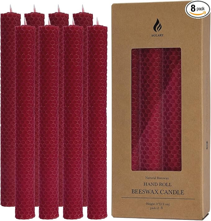 8PCS 9" Burgundy Hand-Rolled Beeswax Taper Candles,Red Candles, Real Pure Beeswax, Handmade Honey... | Amazon (US)