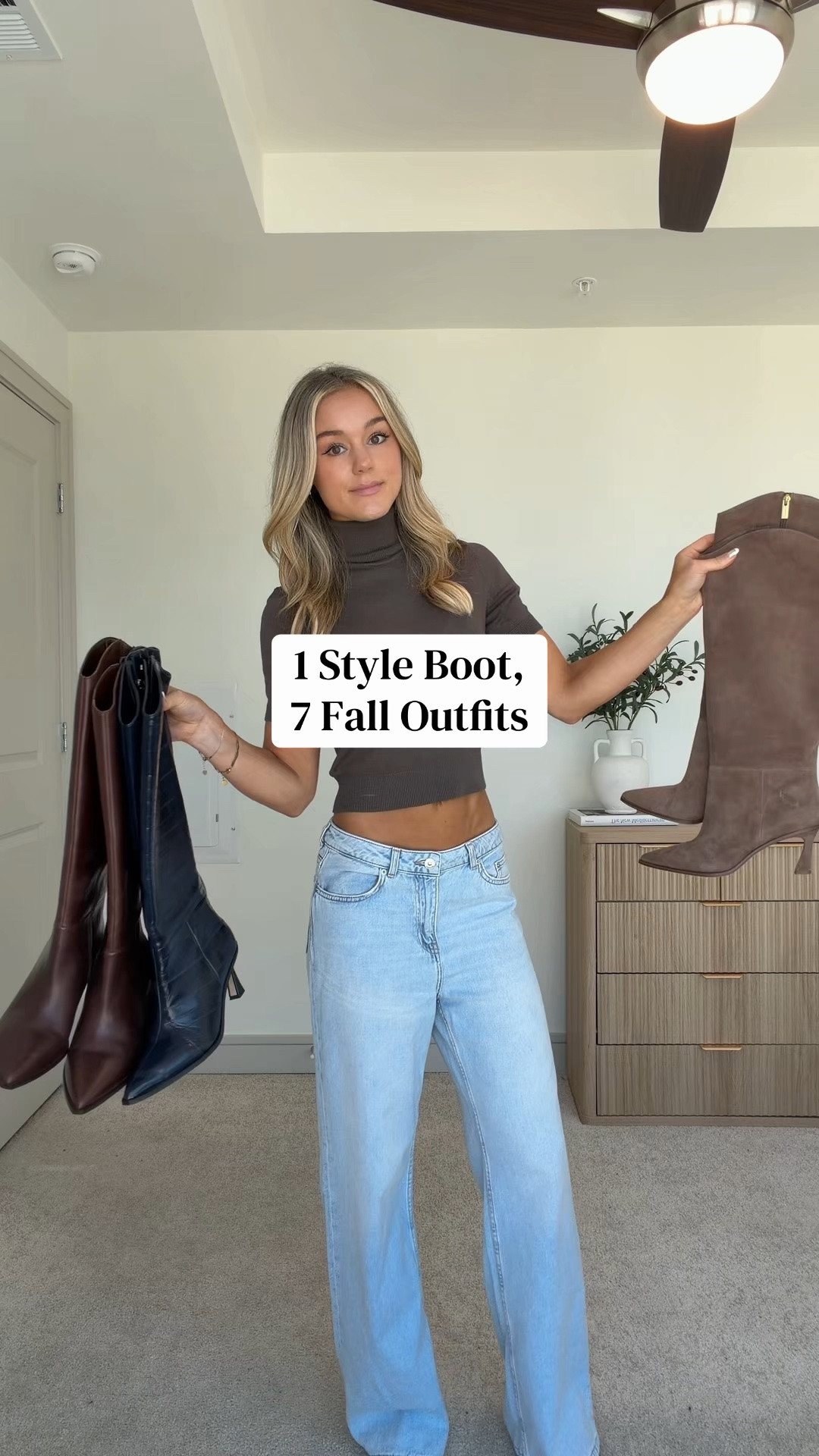 outfit ideas styling tall boots 🍂 white midi skirt is Kookai and tan button mini skirt is peppermayo!