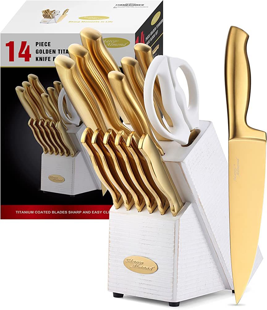 Gold Knife Set - Marco Almond® Knife Block Set MA21,Titanium Coated 14 Pieces Stainless Steel Ch... | Amazon (US)