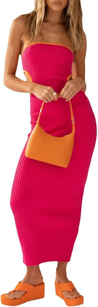 Y2k Ribbed Knit Maxi Tube Dress for Women Sexy Strapless Bodycon Long Dress Casual Cutout Backles... | Amazon (US)