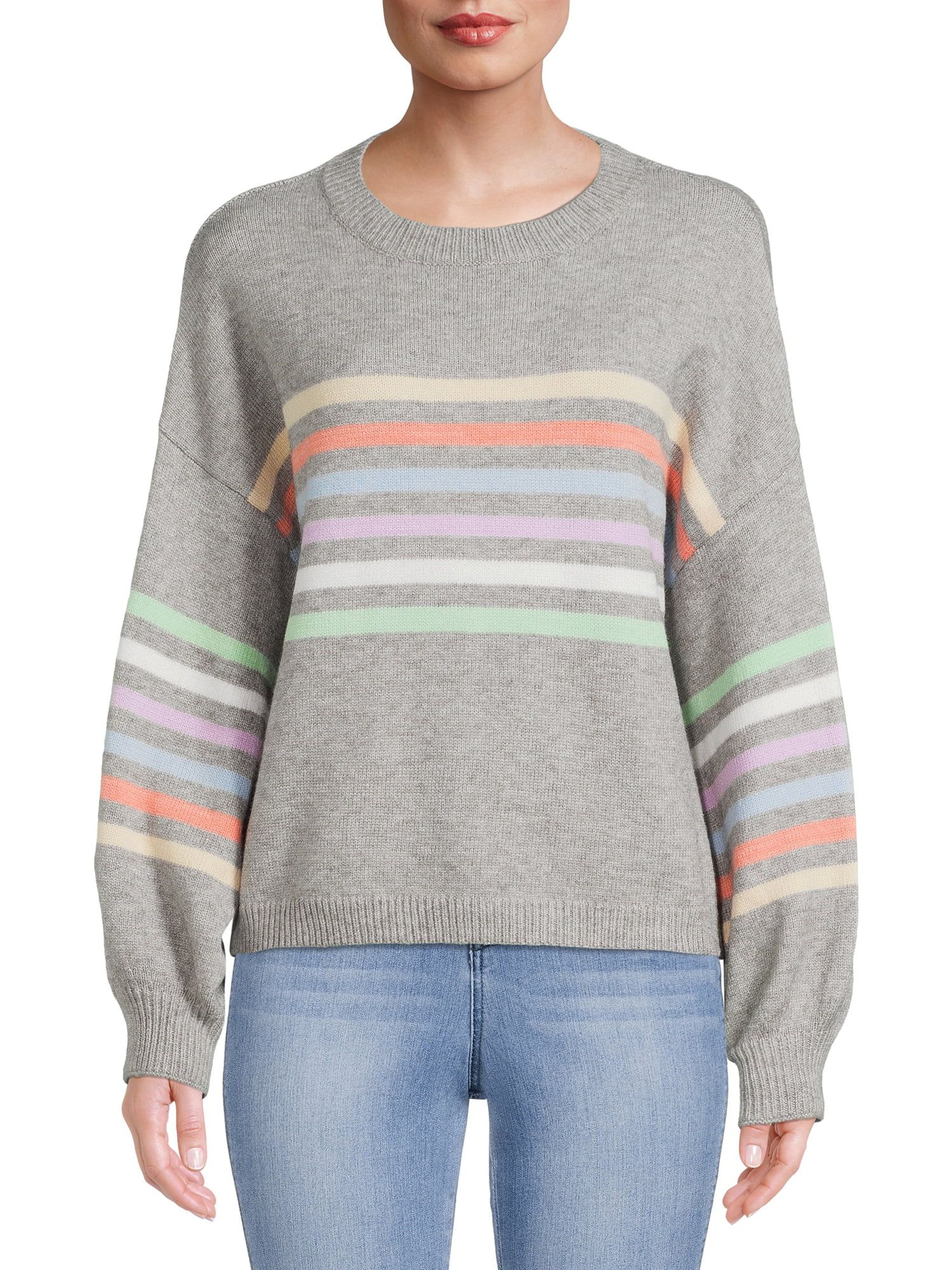 Dreamers by Debut Women's Rainbow Striped Sweater with Puff Sleeves | Walmart (US)