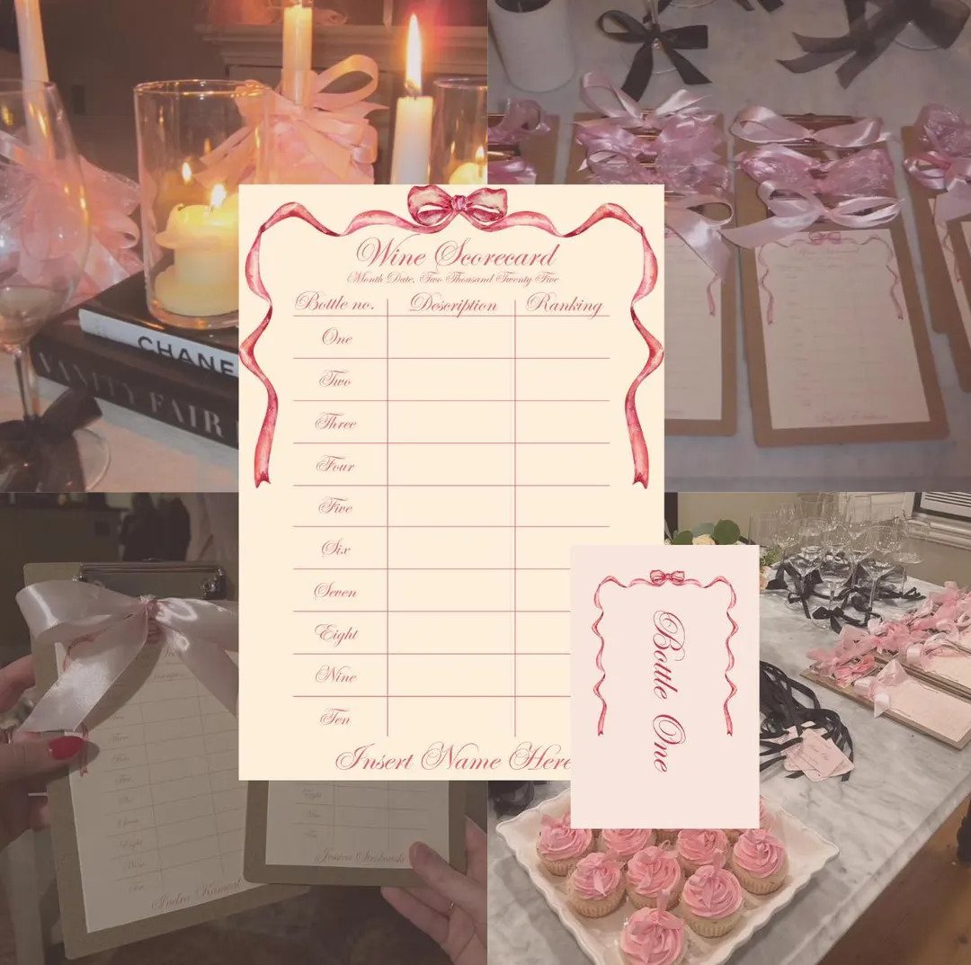 Wine Tasting Party Scorecards & Bottle Tags – Printable Bow Theme, Editable PDF, Girls Night In... | Etsy (US)