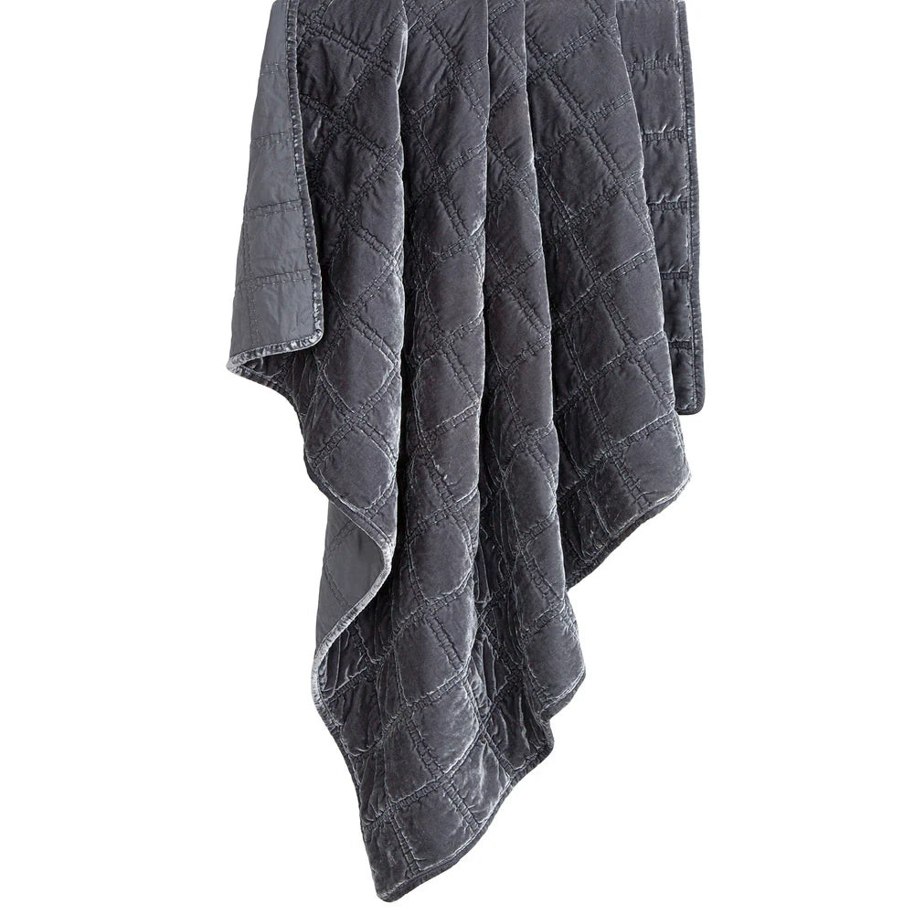 Sienna Faux Silk Velvet Double Box Stitch Throw Dark Slate | Mintly Home