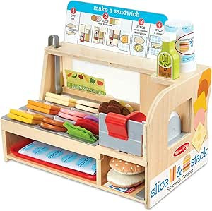 Melissa & Doug Wooden Slice & Stack Sandwich Counter with Deli Slicer – 56-Piece Pretend Play F... | Amazon (US)