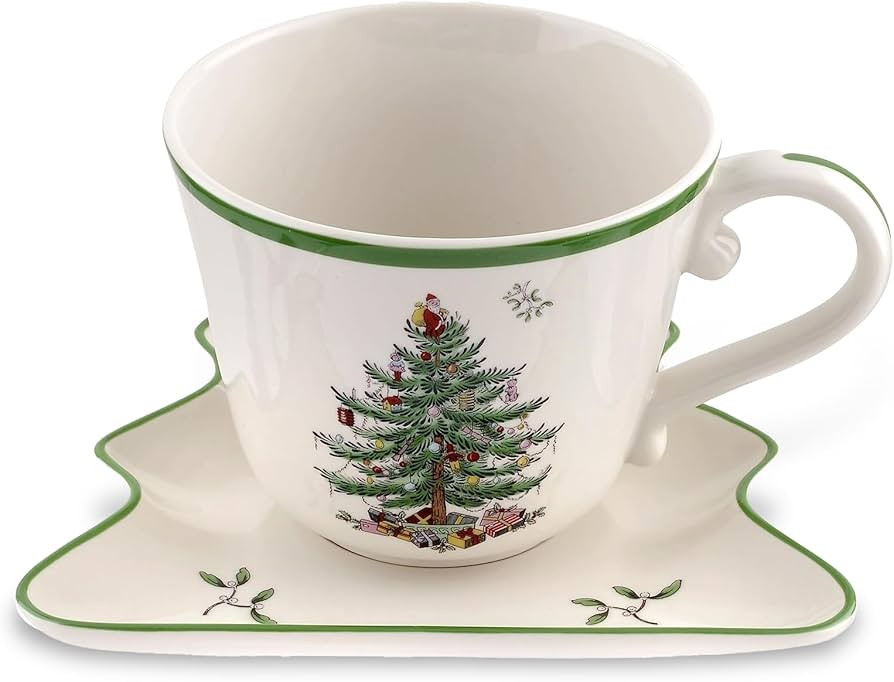 Spode Christmas Tree Jumbo Cup with Tree-Shaped Saucer - 18 Ounce Earthenware Mug for Coffee, Tea... | Amazon (US)