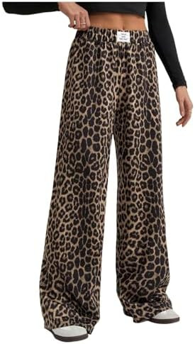 Women's Leopard Print Wide Leg Pants Patched Elastic Waist Casual Loose Trousers | Amazon (US)