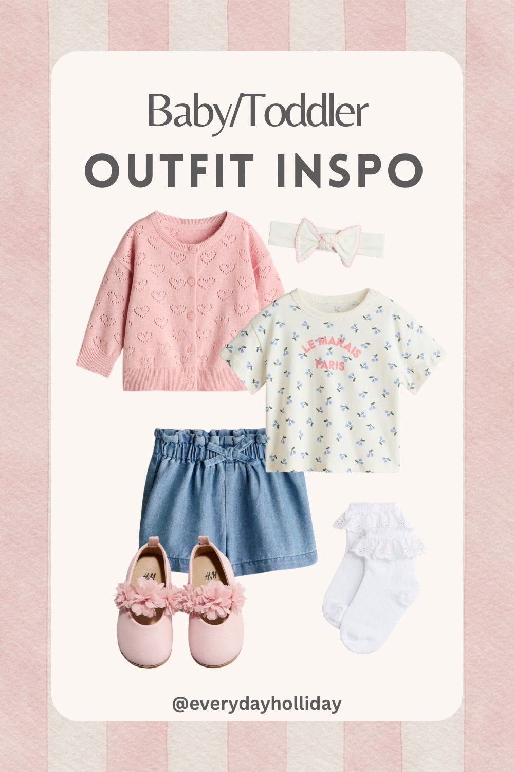 Adorable baby and toddler outfit inspiration featuring a pink heart cardigan, graphic tee, denim paper bag shorts, bow headband, ruffle socks, and floral shoes. Perfect for spring outings, playdates, or everyday cute style. 

#LTKBaby #LTKKids #LTKootd