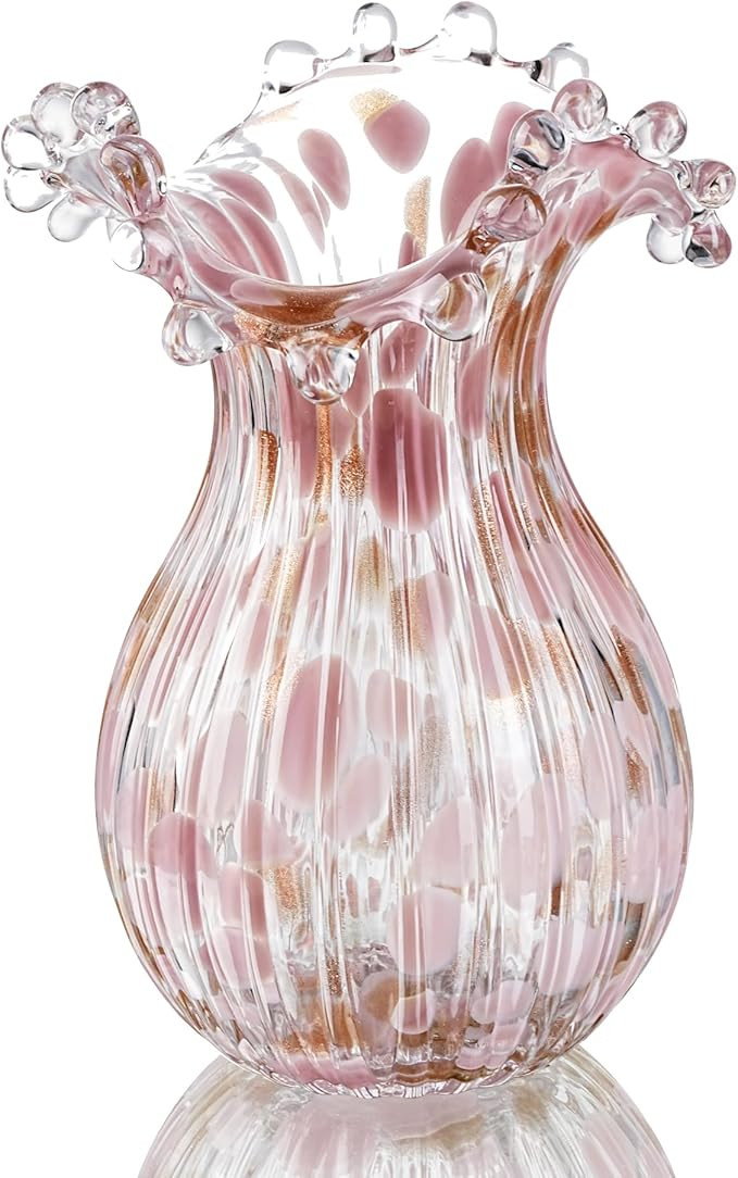 QFkris Handblown Glass Vase, Modern Art Flower Vase with Pink Petal Decorative for Home Decor, 8.... | Amazon (US)
