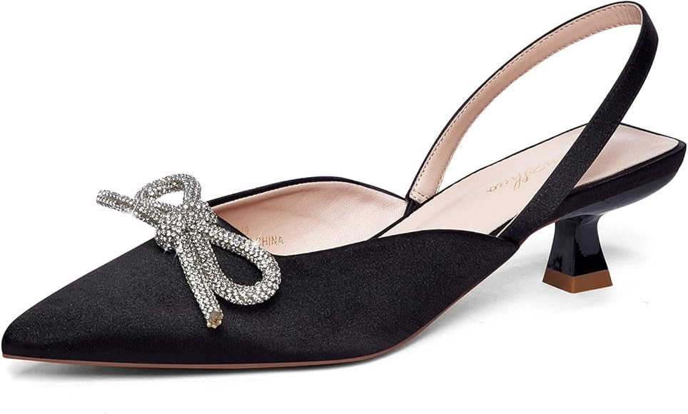 GENSHUO Slingback Rhinestone Bow Heels for Women Closed Pointed Toe Kitten Pumps Slip On Stiletto... | Amazon (US)