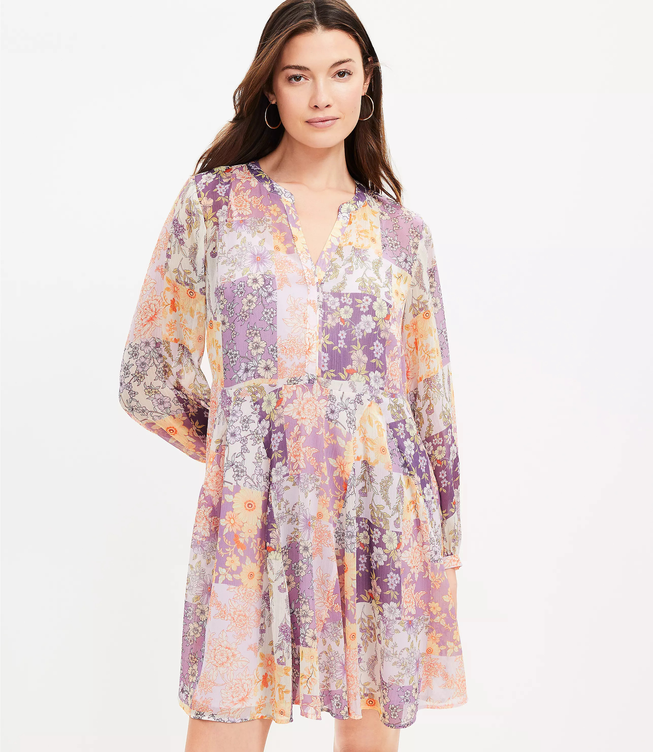 Floral Godet Split Neck Swing Dress | LOFT