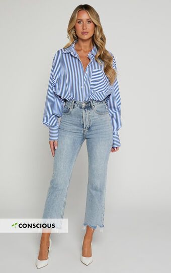 Zelrio Jeans - High Waisted Recycled Cotton Cropped Denim Jeans in Mid Blue Wash | Showpo (US, UK & Europe)