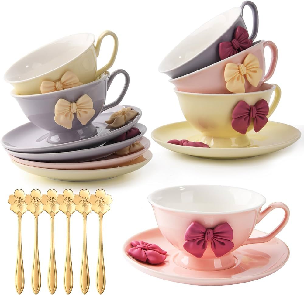 Cups and Saucers Set of 6, Coffee Mugs, Tea Cups Set with Bowknot, Tea Set, 18-piece, Cup with 8.... | Amazon (US)