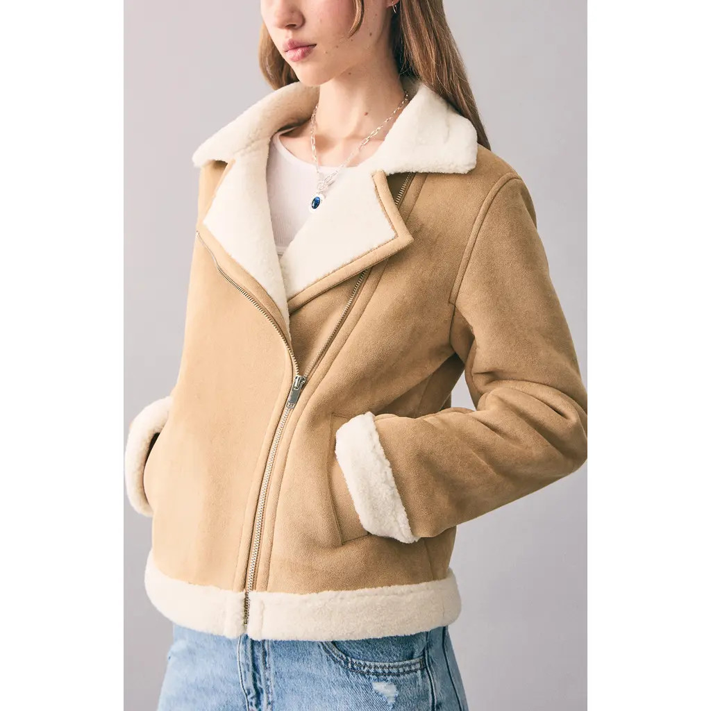 MANGO TEEN Faux Suede Jacket with Faux Shearling Lining in Medium Brown at Nordstrom | Nordstrom