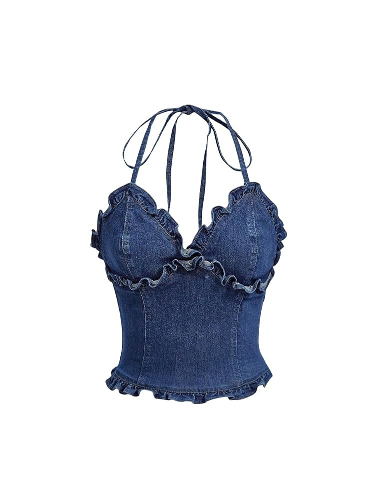 OYOANGLE Women's Lettuce Trim Spaghetti Straps Tie Backless Halter Denim Top Slim Fitted Jean Cam... | Amazon (US)