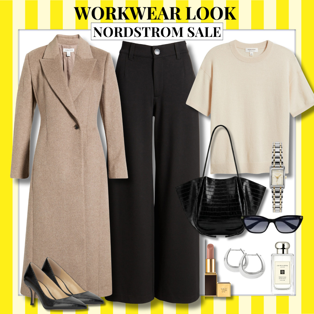 If you're building a work wardrobe that will carry you from late summer into fall, this is one of the best combinations in the Nordstrom Anniversary Sale. A tailored camel coat, black wide leg trousers, a short sleeve knit, classic pumps, and polished accessories create a wardrobe you'll wear year after year. These are the pieces worth investing in before prices go back up.

Nordstrom Anniversary Sale, workwear, office outfit, business casual, camel coat, tailored coat, black trousers, wide leg pants, knit sweater, neutral outfit, office style, corporate fashion, work wardrobe, pointed toe pumps, black tote, fall workwear, capsule wardrobe, classic style, professional outfit, Audrie Dollins 

 #LTKOver40 #LTKSaleAlert #LTKWorkwear