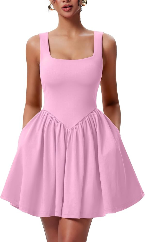 YMDUCH Women's Summer Sleeveless Square Neck A-line Ruffle Hem Mini Tank Dress with Pockets | Amazon (US)