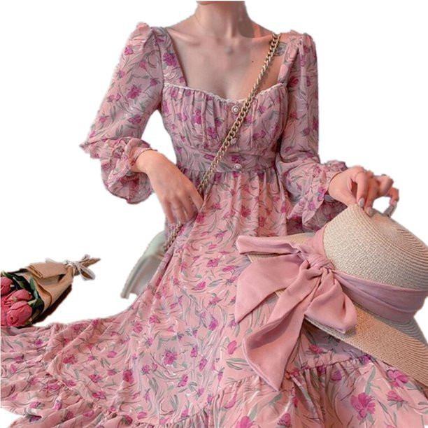 Long Sleeve Floral Dress Women Chiffon Slim Slimming Casual Dress for Spring Autumn, M-XL - Walma... | Walmart (US)