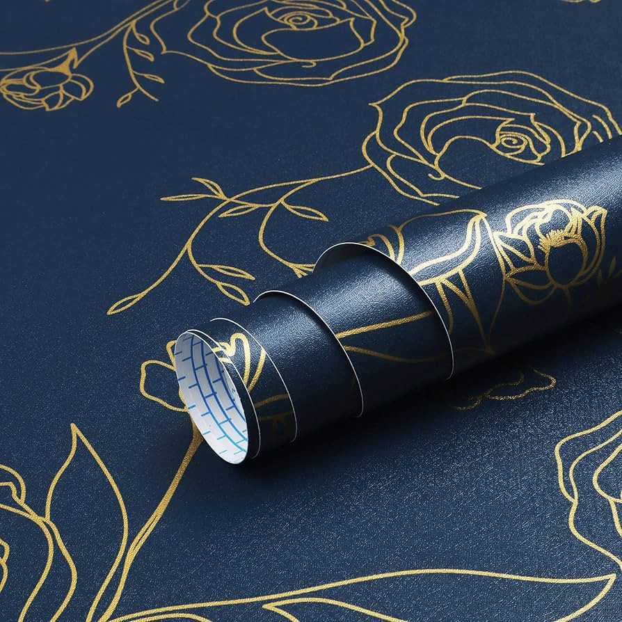 Safiyya 196"x17.3" Peel and Stick Wallpaper Gold and Blue Contact Paper Floral Wallpaper Self Adh... | Amazon (US)