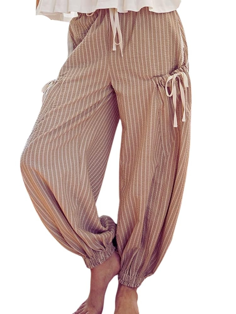 Women Drawstring Striped Pants Loose Wide Leg Casual Lounge Pants with Pockets | Amazon (US)