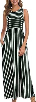 Women's Summer Sleeveless Striped Pockets Loose Swing Casual Maxi Dress | Amazon (US)