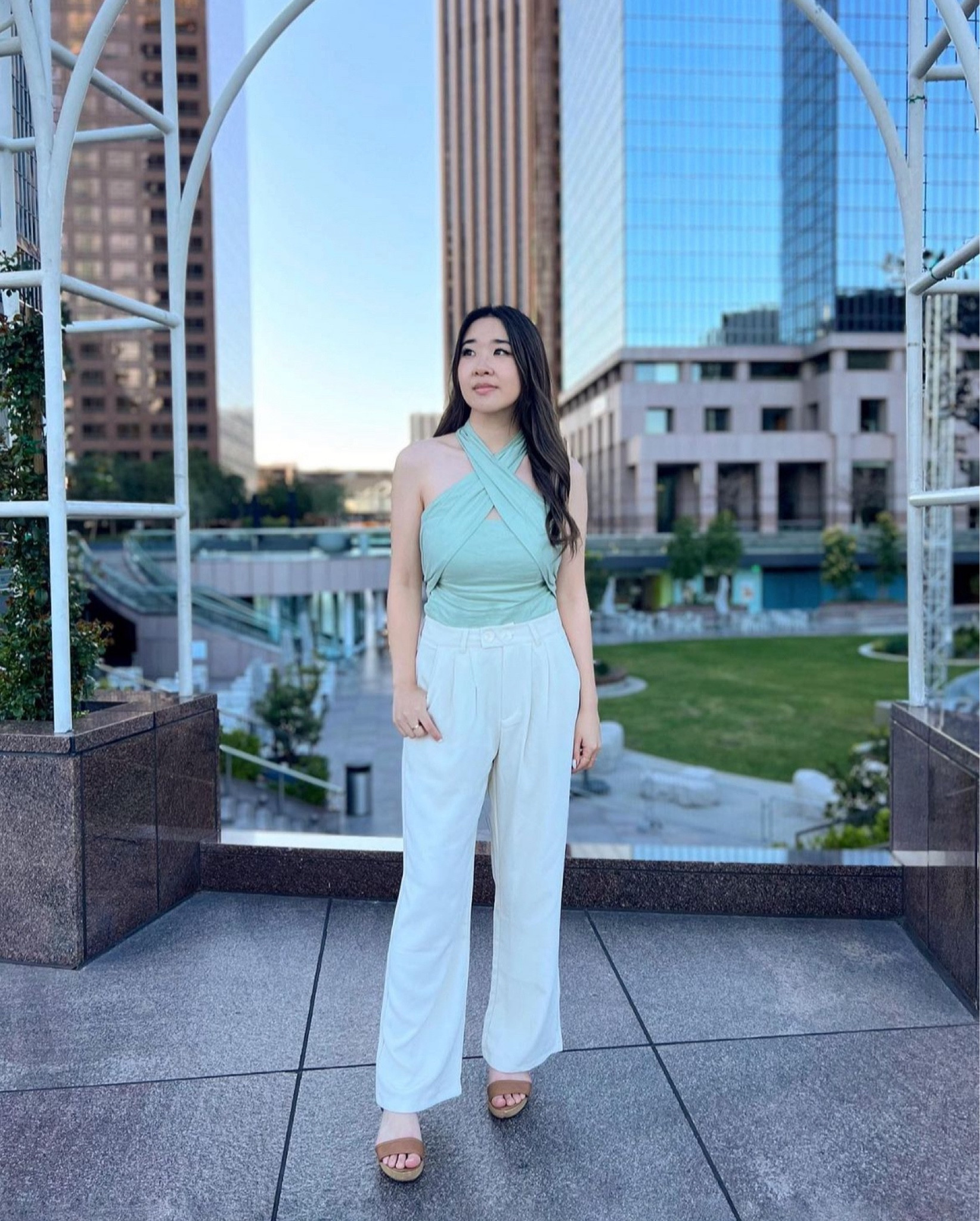 Halter neck top wide leg trousers pants nude heels spring casual style 

#LTKGiftGuide #LTKstyletip #LTKworkwear