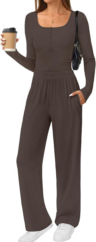 MEROKEETY Women's 2025 Fall Two Piece Airport Outfits Lounge Sets Henley Shirts Wide Leg Pants Ma... | Amazon (US)