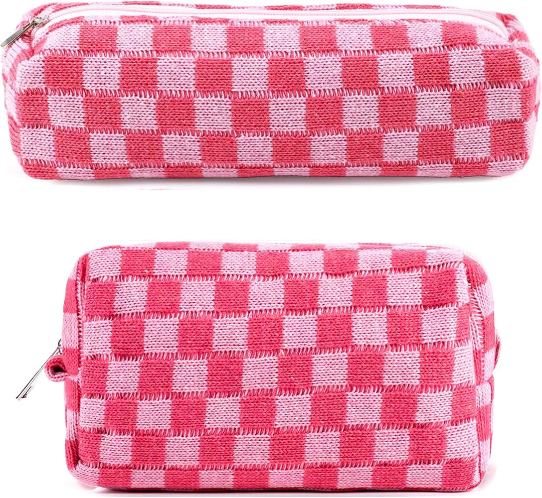2Pcs Checkered Cosmetic Bag Pencil Case Small Makeup Bag for Purse Cute Makeup Pouch Pink Pencil ... | Amazon (US)