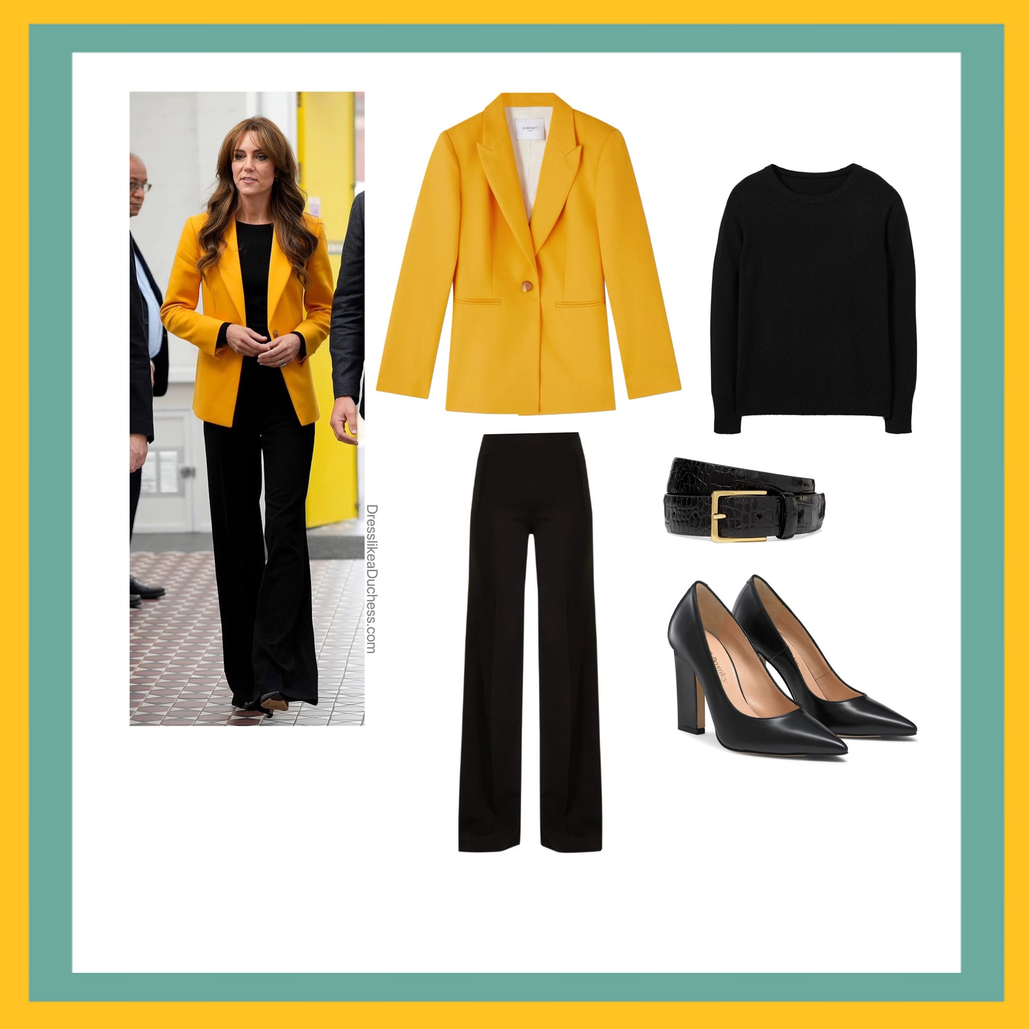Kate Middleton October 2023 Mya blazer by LK Bennett, Mouret Axon trousers, boden crewneck, Anderson’s croc belt 