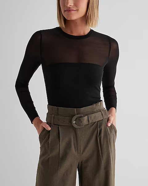 Fitted Mesh Crew Neck Long Sleeve Tee | Express