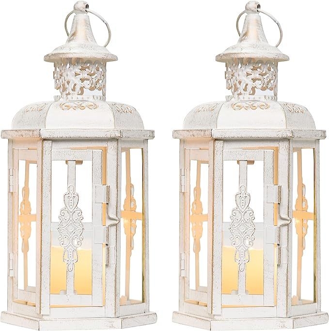 JHY DESIGN Set of 2 Decorative Lanterns -10inch High Vintage Style Hanging Lantern Metal Candleho... | Amazon (US)