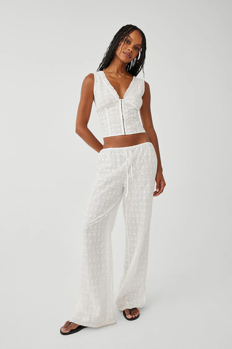Daisy Eyelet Low Rise Pant - White | Frankies Bikinis
