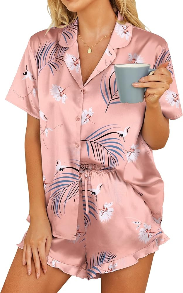 HOTOUCH Womens Satin Pajamas Set Button Down 2 Piece Silk Pjs Shorts Set Ruffle Lingerie Notch Co... | Amazon (US)