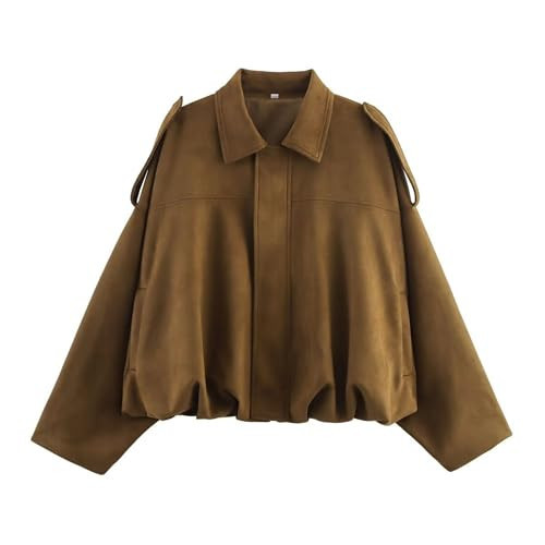 Xunger Women's Faux Suede Bomber Jacket Spring Lapel Pilot Coat Casual Oversized Long Sleeves Trendy Streetwear Outerwear(1026-01BrownPocket-S-RD) | Amazon (US)
